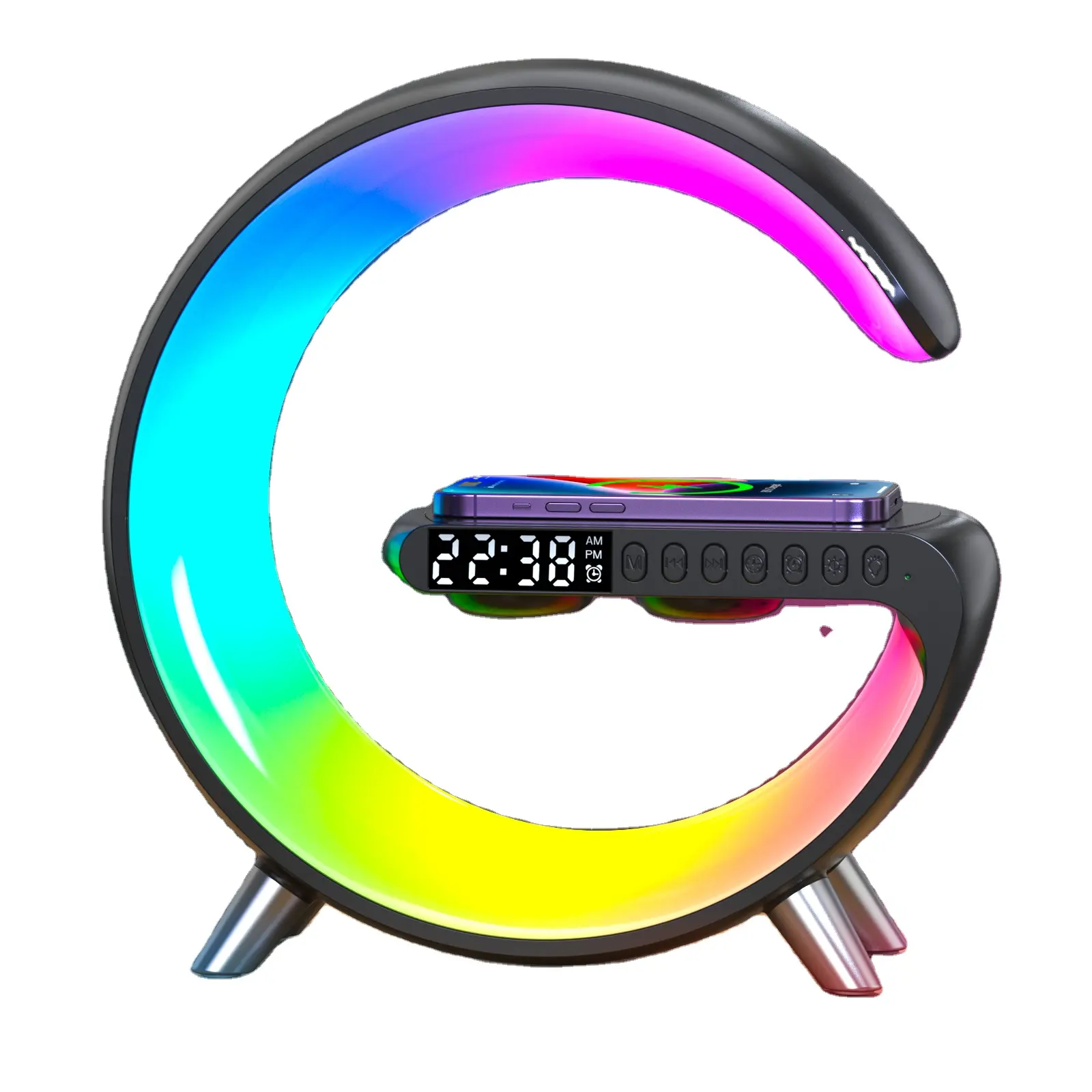 2023 Create RGB LED Table Lamp Bluetooth Speaker 15W Fast Wireless Charger and Digital Alarm Clock Custom Logo