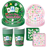 Articles de fête Mahjong américains : Assiettes en papier, gobelets, serviettes, nappe, bannière, guirlande, ballons pour Mahjong