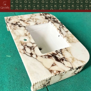 GOLDKING Meuble-lavabo moderne en marbre Calacatta Viola pour salle de bain, avec vasque, finition blanc crème, veines marron, bord cannelé, découpe CNC de précision - Product Image 4