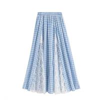 Jupe longue vintage à carreaux pour femme, ornée de perles et de dentelle, bleue et blanche, taille élastique, élégante, évasée, 100 % polyester