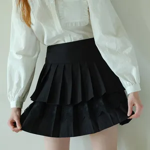 Nueva moda mujer verano personalizado sólido negro A-line Mini falda clásica Casual escalonado volantes tejido acogedor Falda plisada para niñas