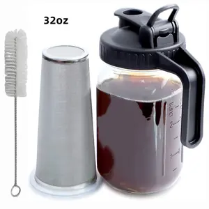 64oz Cold Brew Coffee Mason Maker Jar Thick Glass Multipurpose Pitcher Spout Lid with Handle & Stainless Steel Filter for Coffee