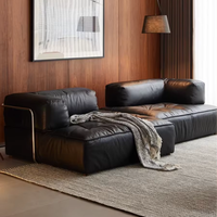 Canapé d'angle en cuir microfibre noir, design modulaire nordique, grand format, style Bauhaus, en forme de bloc de tofu, dépliable
