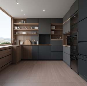 Nouveauté 2025, armoires de cuisine modernes personnalisées en forme de U, finition mate, laque UV, contreplaqué MDF, avec poignée cachée - Product Image 5