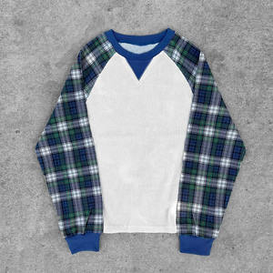 Mens Custom Waffle Knit Long Sleeve T <b>Shirt</b> <b>Patchwork</b> Plaid Flannel Streetwear Two Color Cotton Tee - Product Image 3