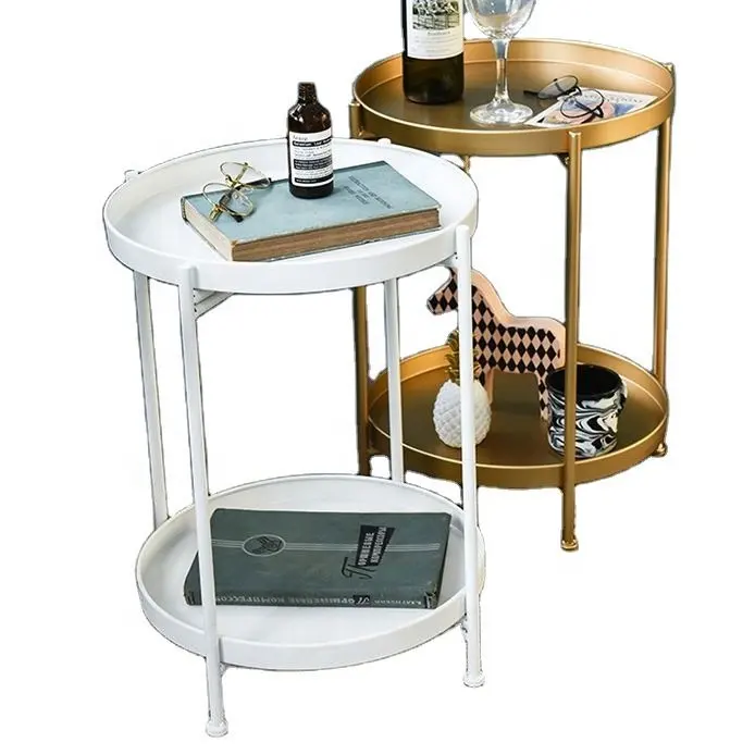 Nordic फोल्डेबल सोफा ट्रे छोटे बिस्तर अंत लिविंग रूम फर्नीचर धातु गोल सोने की कॉफी साइड टेबल