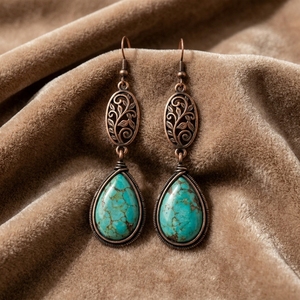 Lot de boucles d'oreilles pendantes personnalisées en turquoise synthétique, style vintage, en cuivre ajouré floral, hypoallergéniques, cadeau pour femme - Product Image 2