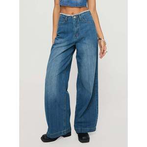 Jeans bleu de style western pour femmes, coupe ample, taille haute, jambe large, rétro européen américain, tendance, de haute qualité - Product Image 6