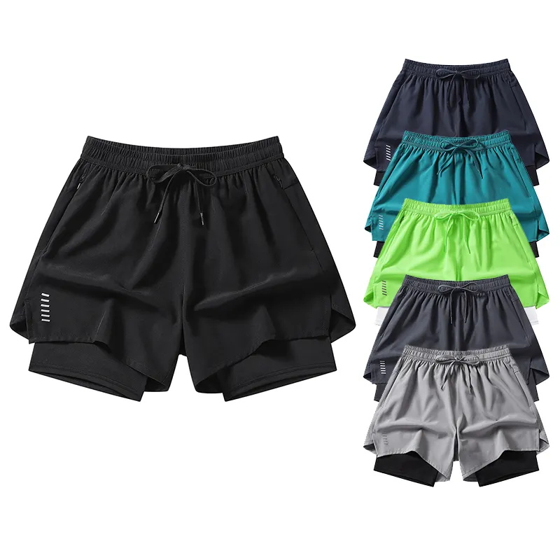 Men Training Shorts Zipper Pocket Double Layer Track Shorts Men Active Wear Quick Dry Gym Shorts