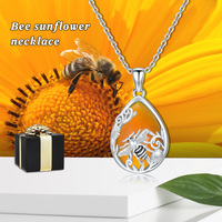 925 Sterling Silber Natur Bernstein Birnenförmige Achat Biene und Sonnenblume Anhänger Halskette