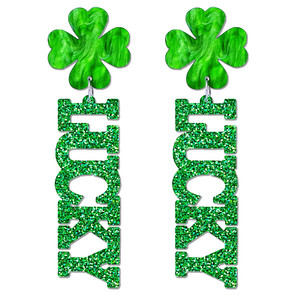 Pendientes de joyería con corte geométrico simple, trébol de cuatro hojas verde, accesorio de la suerte, pendientes largos de resina con labio hueco brillante y exagerado - Product Image 4