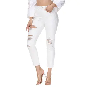 Spring And Summer Fashion Women's Pencil Pants High-waisted Ripped Skinny Jeans White Feet Pants