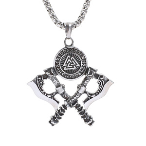 Collar con colgante de doble hacha de guerrero vikingo nórdico yunnique, joyería de cadena de moda con runa Valknut de plata tibetana para hombre - Product Image 1