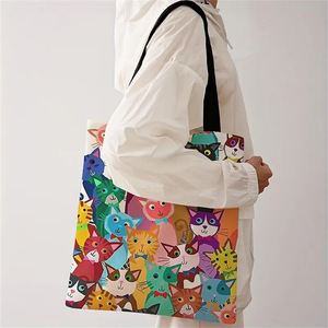 Bolsa de Compras de Algodón para Mujer, Tamaño Mediano, Pintada a Mano con Dibujos Animados de Gatos, Bolsa de Hombro de Lona - Product Image 5