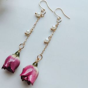 Boucle d'oreille avec <span class=keywords><strong>perle</strong></span> en <span class=keywords><strong>or</strong></span>, plusieurs couleurs, longue <span class=keywords><strong>perle</strong></span> coréenne, vraie fleur de Rose - Product Image 5