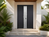 Porte de sécurité en aluminium haut de gamme, motif floral tropical moderne gravé, bande centrale en bois, double, luxe, étanche, insonorisée, décorative