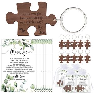 50 Sets Wedding Gifts for Guests Rustic Wood Puzzle Keychain with Thank You Cards and Organza <strong>Bags</strong> Wedding <strong>Party</strong> Favor - Product Image 1