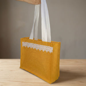 Premium Jute <b>Bag</b> With Lace Customizable Strap 1 1.9L Capacity 14x16x5 Reusable Natural Fiber Shopping Tote Made in India - Product Image 1