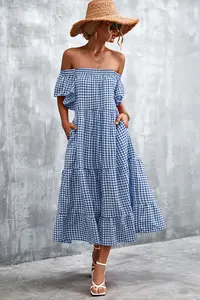 Classic Hot-sale Off-the-shoulder Backless Plaid Maxi Dress Women Clothing Manufacturers Custom