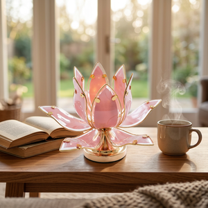 Lámpara de Mesa con Forma de Flor de Loto Rosa, Pantalla de Vidrio, Base de Metal, E26 LED, Luz Cálida Suave, Iluminación Moderna Decorativa para Dormitorio - Product Image 6