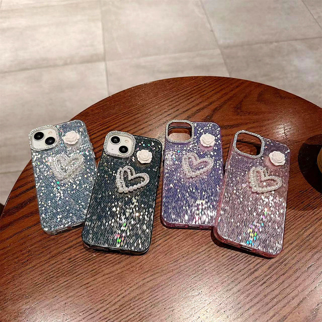 Double Layer Quilted  Phone Case for Apple 16 15 Pro Max for iPhone 13 Compatible Sparkling Diamond 3D Heart Design Protective