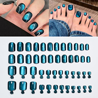 Lot de 48 faux ongles à presser bleus pailletés effet œil de chat pour mains et orteils, forme amande carrée, pour pédicure