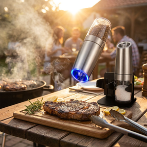 Moulin à poivre électrique à gravité en acier inoxydable, lot de 2, avec support et lumière LED bleue pour la cuisine - Product Image 2