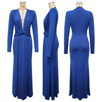 Robe longue sirène moulante à col en V profond et manches longues pour femme, avec taille torsadée et fronces, idéale pour les soirées et événements formels