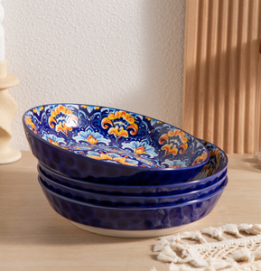 Bohemian Colorful Deep Blue Plant Painted Eco-Friendly Durable Microwave Safe Ceramic Dinnerware <b>Set</b> 18/20/24/36 <b>Pieces</b> Custom - Product Image 5