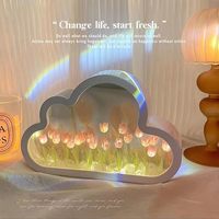 TSINYE LED Miroir Nuage Design Veilleuse avec Assemblé Fleur Artificielle Lampe pour Chambre Bureau Table Décoration Cadeau Parfait