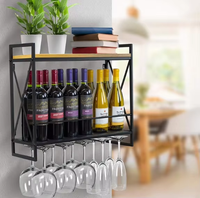 Porte-bouteilles en verre à vin suspendu en bois à 2 niveaux Porte-bouteilles mural en métal avec 5 porte-verres