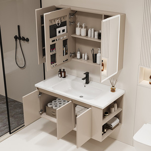 Nordic Cream Style Bathroom Vanity Smart <b>Mirror</b> Cabinet Side Cabinet Ceramic One Piece Sink - Product Image 5