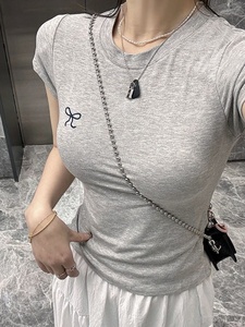 T-shirt da <span class=keywords><strong>donna</strong></span> coreana girocollo a <span class=keywords><strong>maniche</strong></span> <span class=keywords><strong>corte</strong></span>, morbida, slim-fit, estiva, ricamata, alla moda, semplice, con blocchi di colore, all'ingrosso - Product Image 2