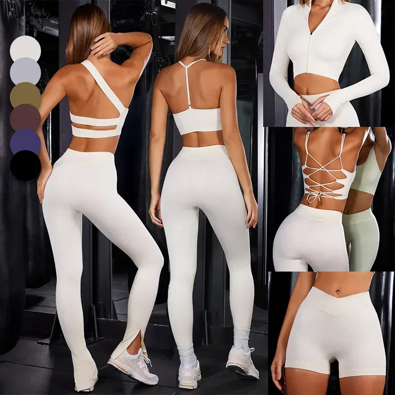 AYM Custom Logo Fitness Clothing Leggings ropa deportiva Gym ActiveWear 7 Piece Workout Women Ribbed Seamless Yoga Set For women