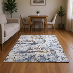 Tappeto Astratto 6x9 Avorio Blu Bohemien Reversibile in Poliestere Realizzato a Macchina Anti-Pelo per Casa Ufficio Soggiorno Camera da Letto - Product Image 2