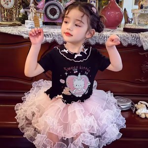 Girls Pink Cartoon Print Short Sleeve Dress Breathable Summer Style With Tutu Skirt - Product Image 3