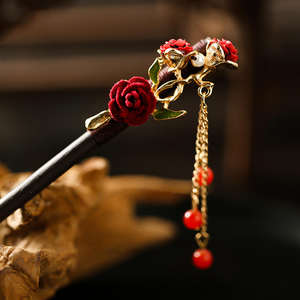 Élégante épingle à cheveux florale à pompons, <span class=keywords><strong>style</strong></span> chinois rétro Hanfu Kanzashi pour chignon - Product Image 5