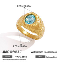 PVD-Beschichtung Klassischer 18K Gold Edelstahl Weiß-Blauer Ovaler Strass Sandgold Strukturierter Leicht Gehämmerter Zirkon-Ring