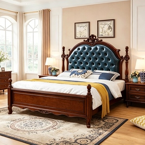 Traditional Queen Size Wooden Bed with Blue Tufted Faux Leather Upholstery and Carved Frame - Product Image 6