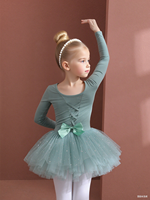 Gaun Balet Lengan Panjang Berpayet untuk Anak Perempuan dengan Rok Tutu Berpita, Kostum Tari Leotard Balerina