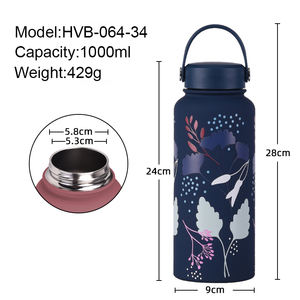 كوب معزول من الاستانلس ستيل مزدوج الطبقات بسعة كبيرة 1 لتر - فم واسع ومقبض محمول وزجاجة مياه رياضية مطبوعة للاستخدام الخارجي - Product Image 4