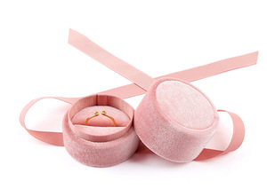 Custom Logo Luxury Pink Engagement Round Velvet Wedding Jewelry Ring <b>Box</b> with Ribbon Velvet Jewelry Package <b>Box</b> - Product Image 3