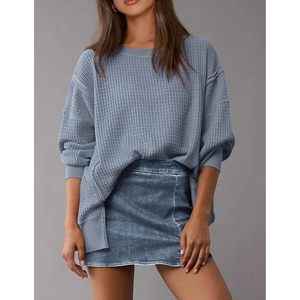 FOXA Sweat-shirt oversize femme en maille gaufrée à manches longues, col rond, respirant, épaules tombantes, haut d'automne - Product Image 6