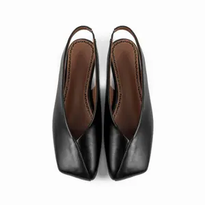 Summer Black Genuine Leather Comfort Flat Heels Square Toe Women Slingbacks Sandals