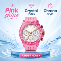 Montre chronographe analogique transparente rose personnalisée avec logo, directement de l'usine, pour femme, sport, quartz, bracelet en caoutchouc, strass, course automobile