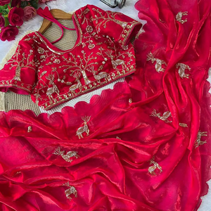 Sari Tradicional de Seda Suave con Bordado Completo, Diseño de Pájaro, Corte Butta, Ideal para Fiestas y Diwali - Product Image 1