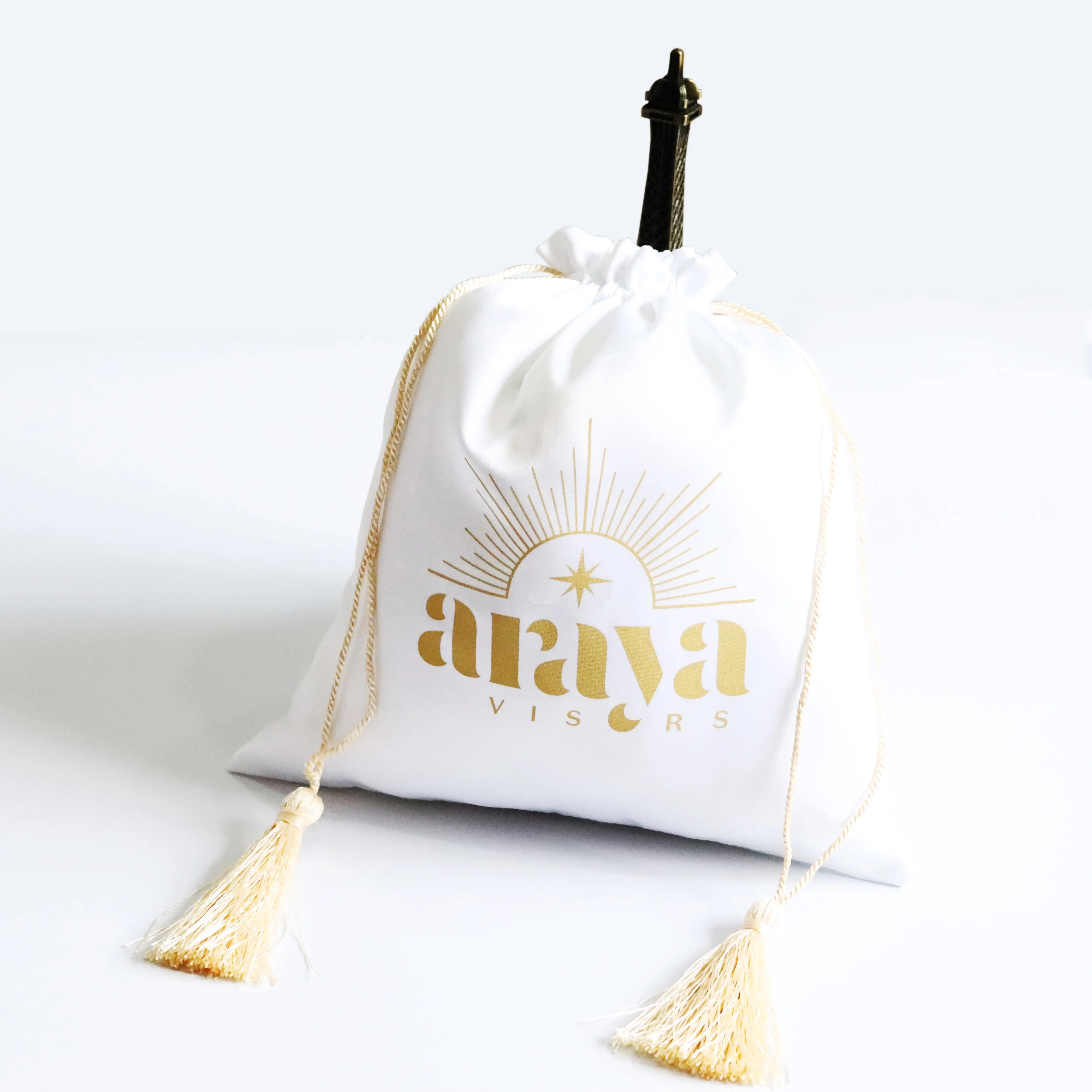 Custom white soft silk drawstring bag with gold tassel for women handbag shoe gift luxury dress packaging dust pouch