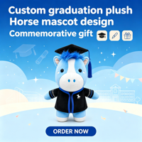 Boneka Kuda Wisuda Custom, Topi dan Jubah Wisuda, Boneka Maskot Kuda Biru Lucu, Isi Kapas PP, Bordir, OEM ODM, MOQ Rendah
