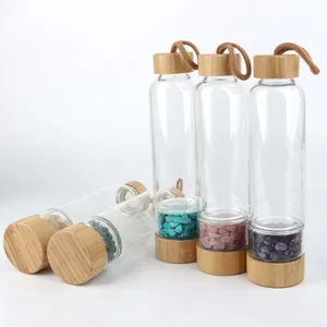 natural crystal bamboo lid gemstone rose quartz gravels high borosilicate glass water bottle