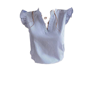 Women Striped V-Neck <b>Cap</b> <b>Sleeve</b> Blouse Ruffles Poplin Casual Spring Summer Breathable Short Length <b>Top</b> - Product Image 1